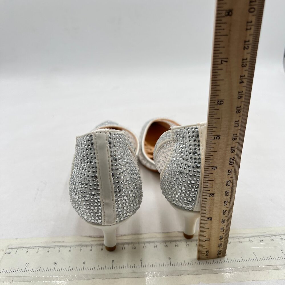 XYD Silver Pointed Toe D'Orsay Kitten Heel Rhinestone Studs Slip-On Pump - Picture 5 of 8